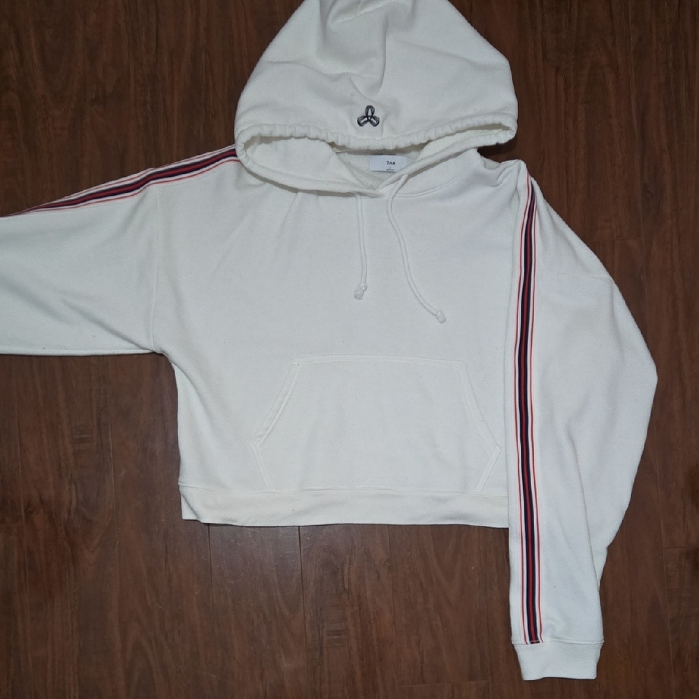TNA Cropped White Hoodie with Red Stripes